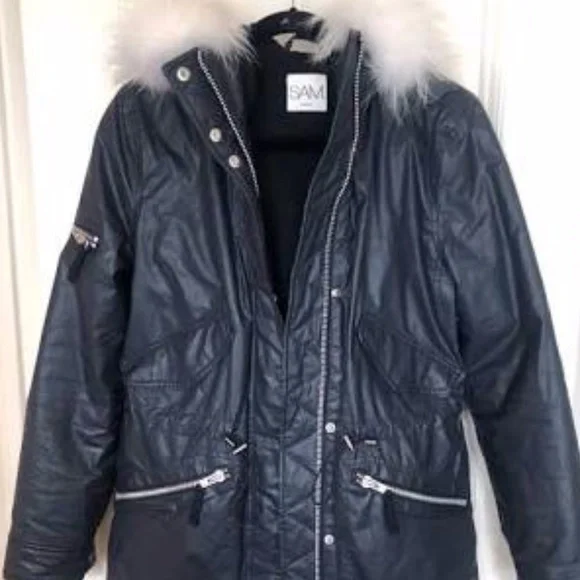 Free Ship. SAM hudson coat in NAVY white fur trim. - Picture 3 of 13